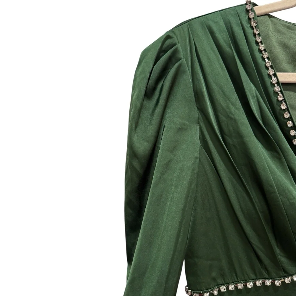 Mac Duggal Satin Puff Shoulder Rhinestone Gown Formal Party Prom #55702 Green 2 - Picture 5 of 15